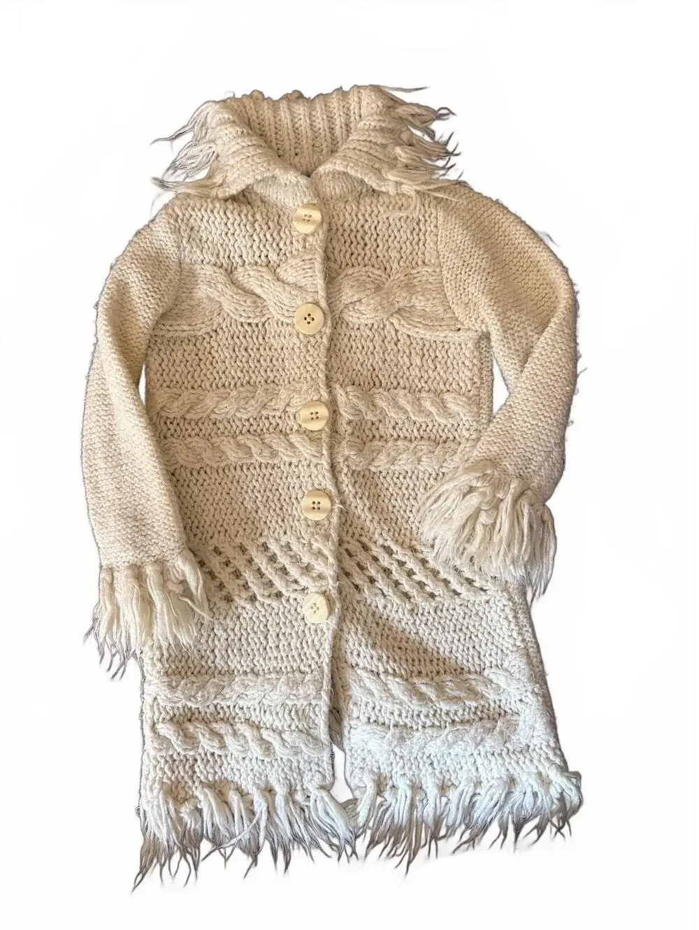 cream cable-knit long cardigan sweater coat with fringe trim - Girls Size 5/6